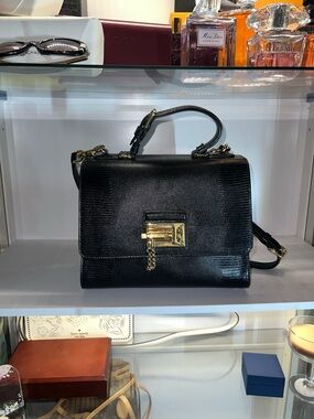 Dolce & Gabbana Black Lizard-Effect Top Handle Satchel with Gold Lock